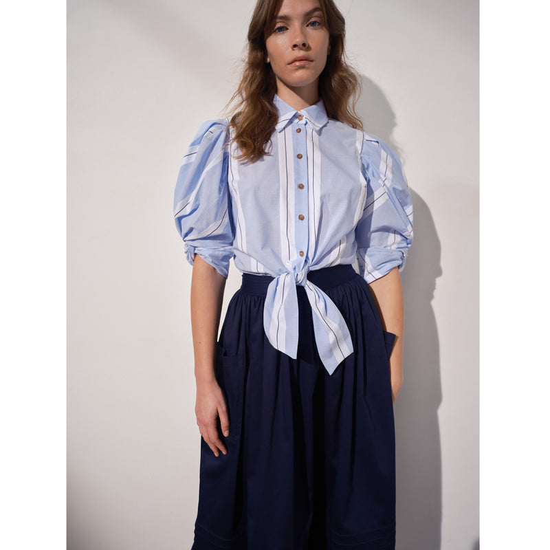 Ellery Knot Sleeve Tie Front Shirt White & Blue Stripe