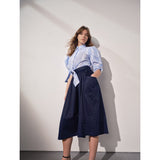 Ellery Knot Sleeve Tie Front Shirt White & Blue Stripe