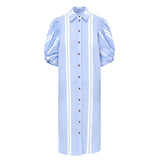 Ines Knot Sleeve Shirt Dress White & Blue Stripe