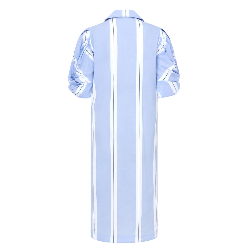 Ines Knot Sleeve Shirt Dress White & Blue Stripe