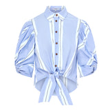 Ellery Knot Sleeve Tie Front Shirt White & Blue Stripe