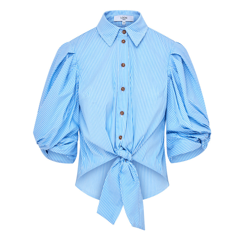 Ellery Knot Sleeve Tie Front Shirt Blue & White Pin Stripe